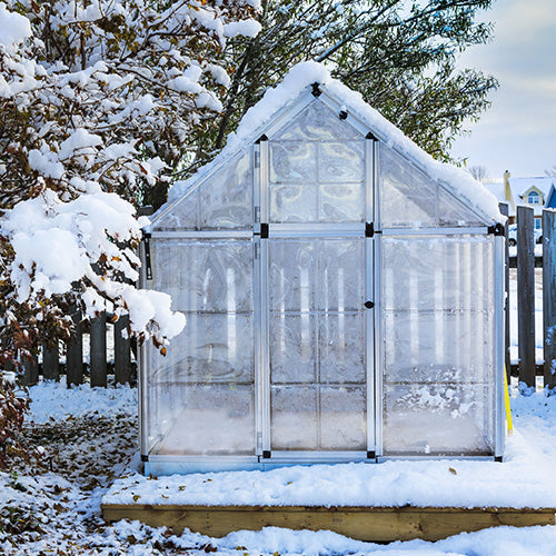 A winter scene showing a greenhouse in a garden covered in snow.