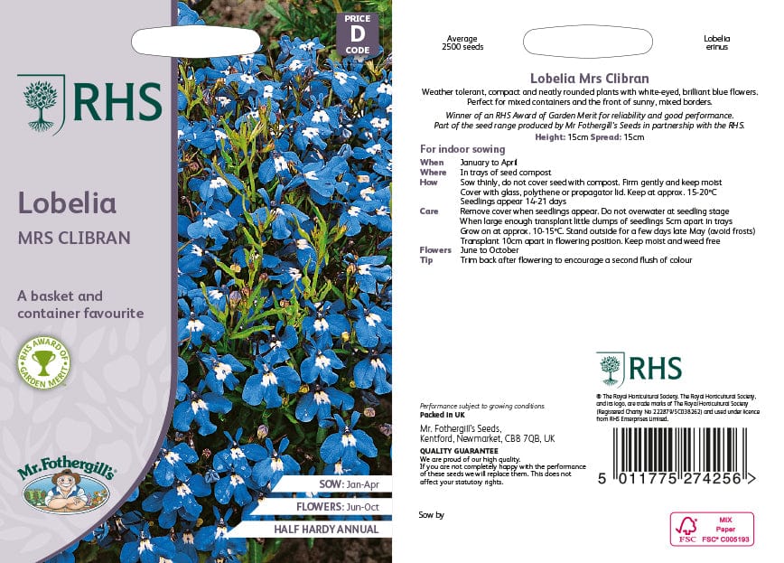 RHS Lobelia Mrs Clibran Seeds