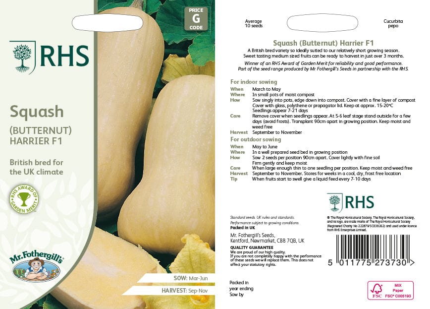 RHS Squash (Butternut) Harrier F1 Seeds