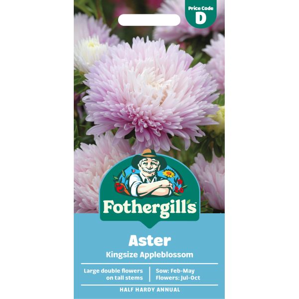 Fothergills Aster Kingsize Appleblossom seed packet with pink flowers in the background