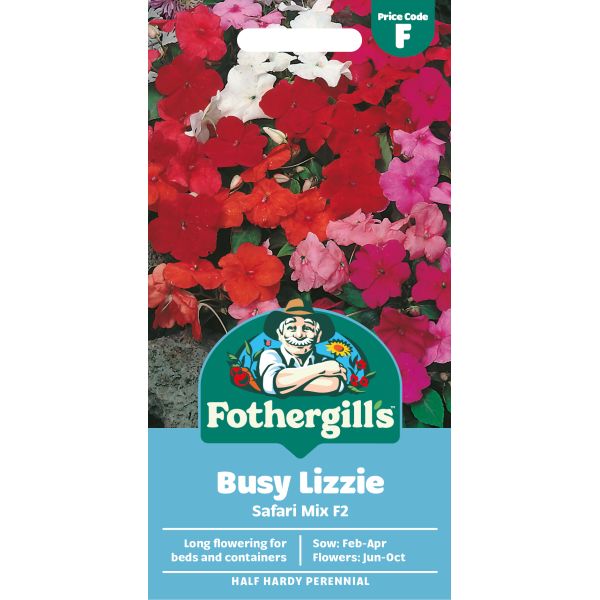 Fothergills Busy Lizzie seed packet with colorful flowers on a white background