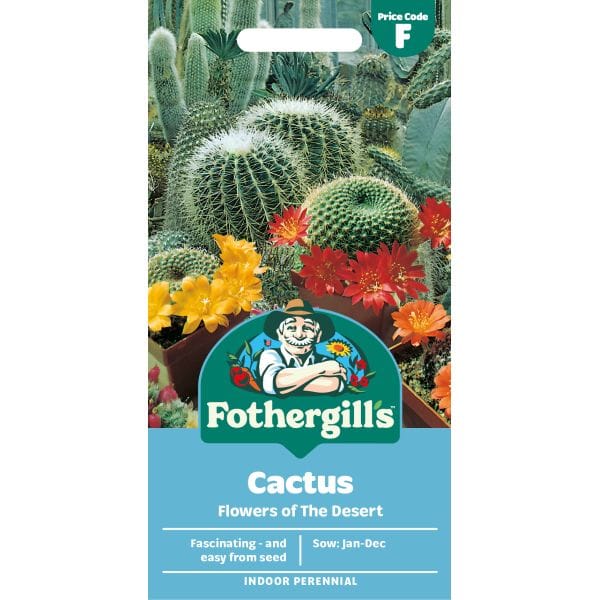 Fothergills cactus seeds packet with images of cacti and flowers on a white background