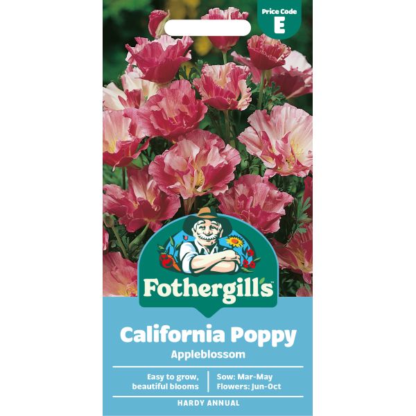 Fothergills California Poppy seed packet with pink flowers on a white background