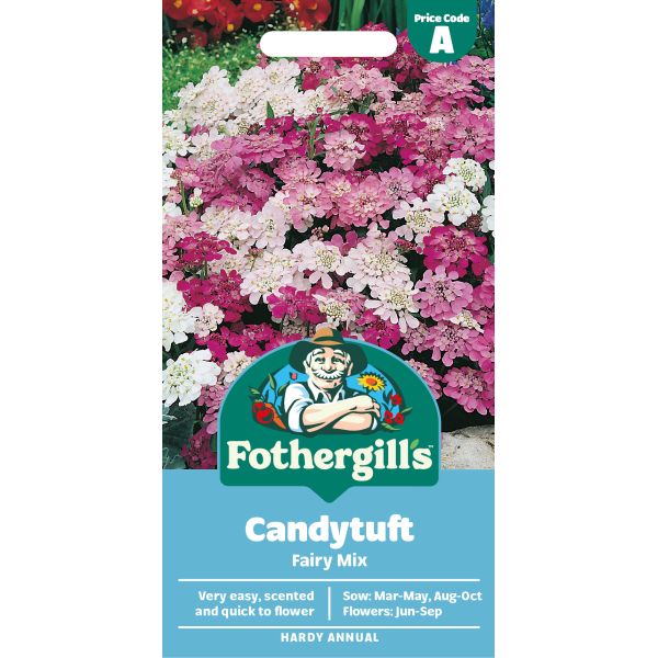 Fothergills Candytuft Fairy Mix packaging with colorful flowers in the background