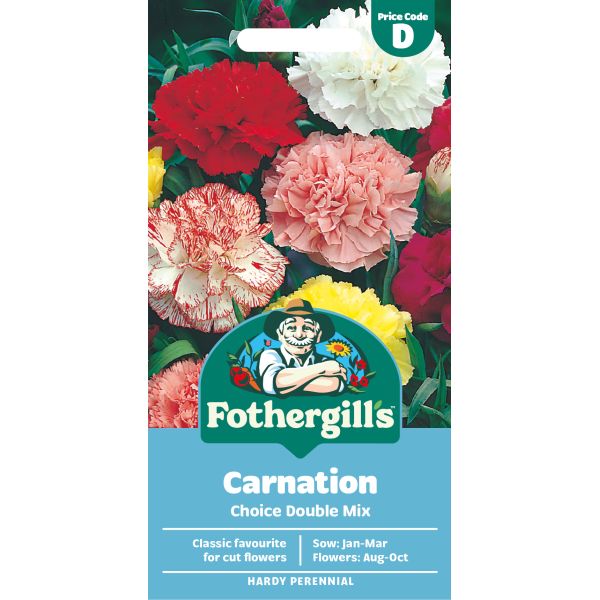Fothergills Carnation Choice Double Mix seed packet with colorful carnations on a white background