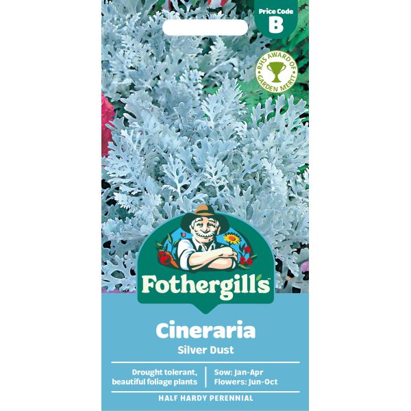 Fothergills Cineraria Silver Dust plant packaging with brand logo and product details.