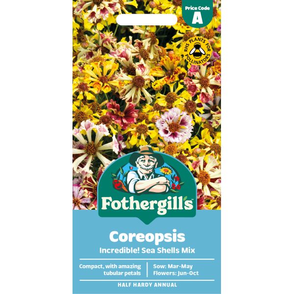 Fothergill's Coreopsis seed packet with colorful flowers on a white background