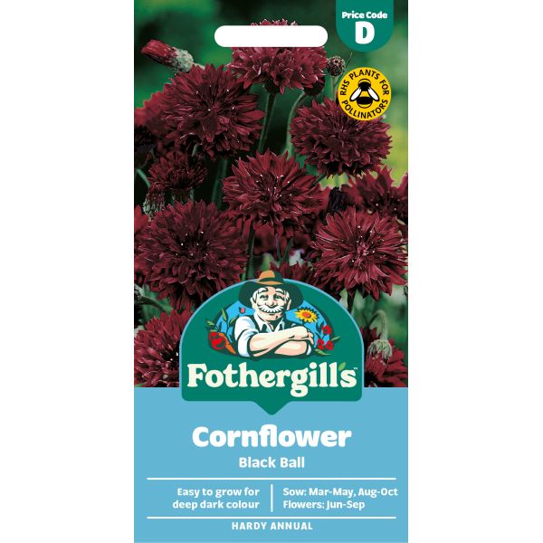 Fothergills Cornflower Black Ball seed packet with maroon flowers on a white background