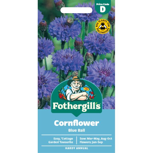 Fothergills cornflower seed packet with blue flowers on a white background