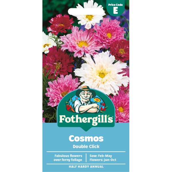 Fothergills Cosmos seed packet with colorful flowers on a white background