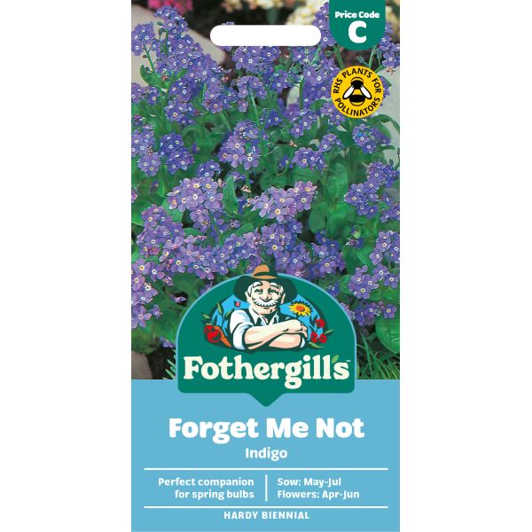Fothergills Forget Me Not Indigo seed packet with purple flowers on a white background