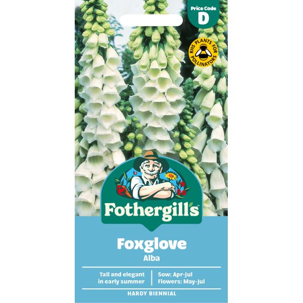 Fothergills Foxglove Alba seed packet with images of foxglove flowers on a white background