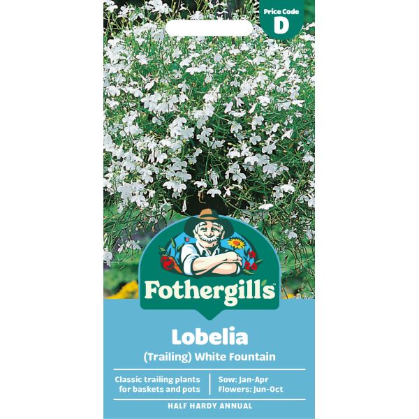 Fothergills Lobelia seed packet with white flowers on a green background