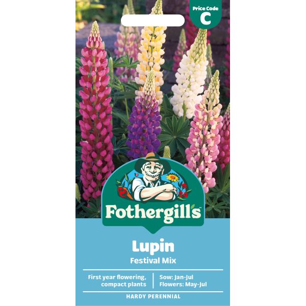 Fothergills Lupin Festival Mix seed packet with colorful lupin flowers in the background.