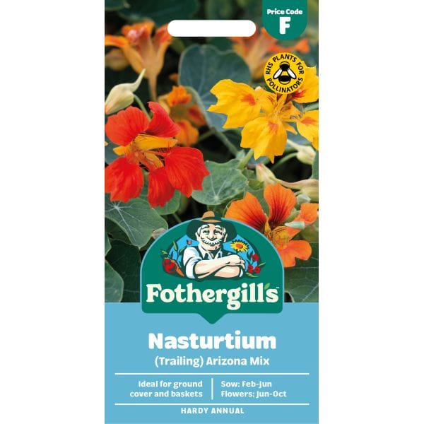 Fothergill's Nasturtium seed packet with images of red and yellow flowers on a white background.
