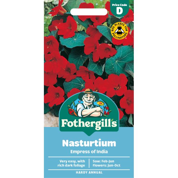 Fothergills Nasturtium Empress of India seed packet with red flowers and green leaves on a white background.