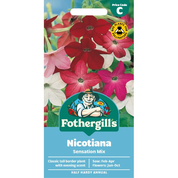 Fothergills Nicotiana Sensation Mix packaging with colorful flowers on a white background
