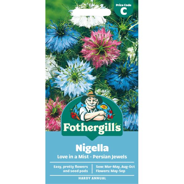Fothergill's Nigella seed packet with colourful flowers on a white background