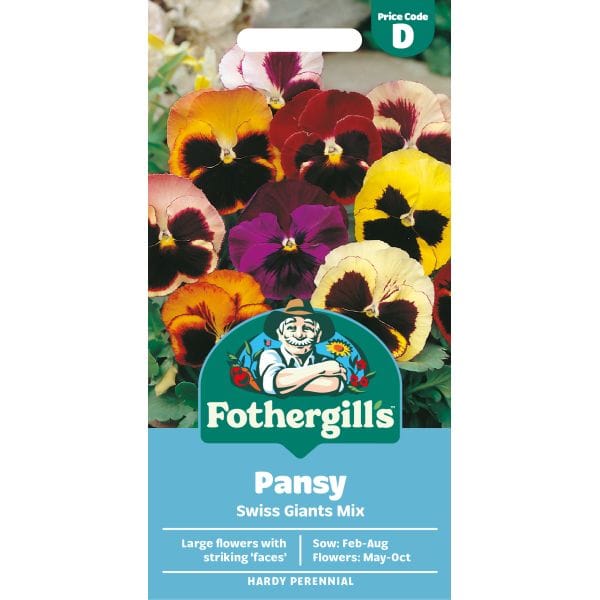 Fothergills pansy seed packet with colorful pansies on a white background