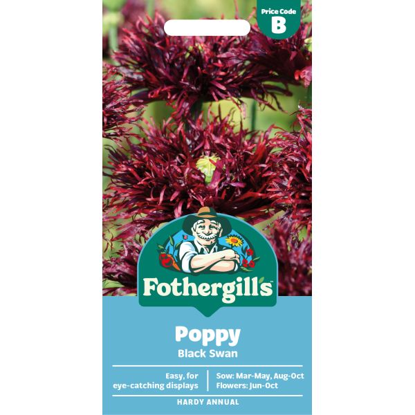Fothergills Poppy Black Swan seed packet with red flowers in the background