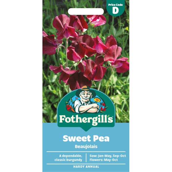 Fothergills Sweet Pea Beaujolais seed packet with red flowers on a white background