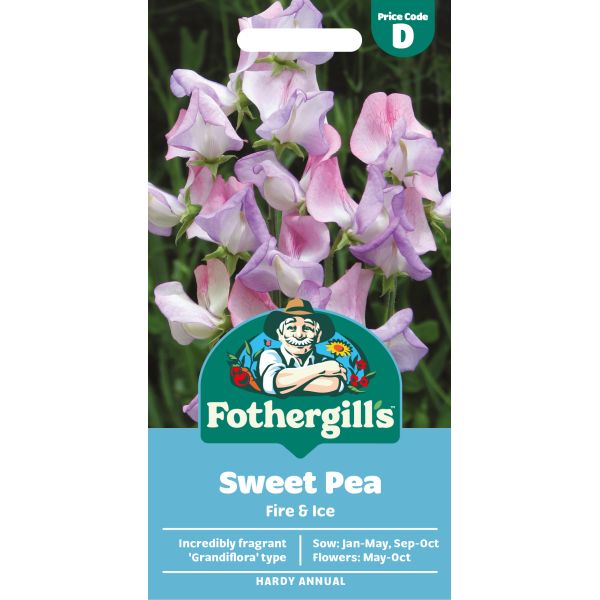 Fothergills Sweet Pea seed packet with pink and white flowers on a white background