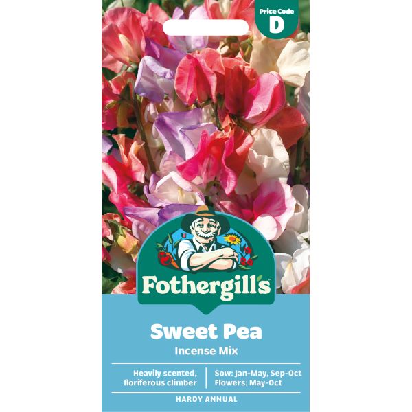 Fothergills Sweet Pea Incense Mix packaging with colorful flowers on a white background