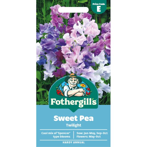 Fothergills Sweet Pea Twilight packet with colourful flowers on a white background
