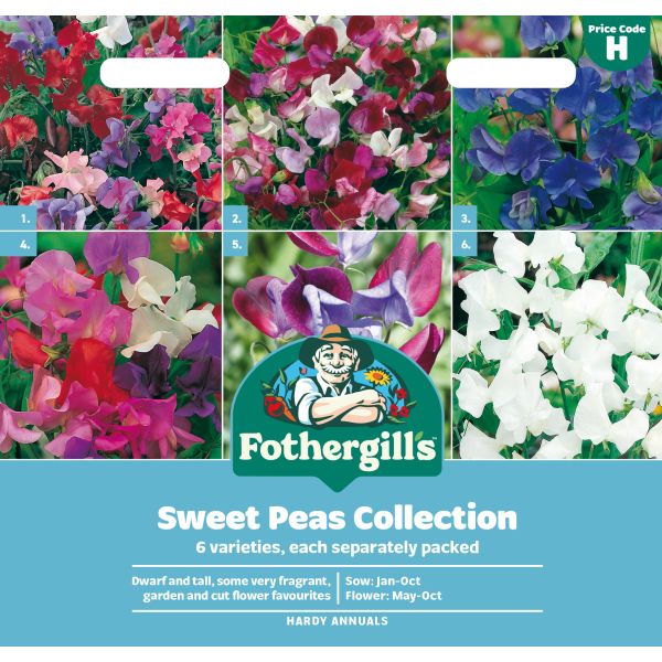 Fothergills Sweet Peas Collection packaging with images of various sweet pea varieties.