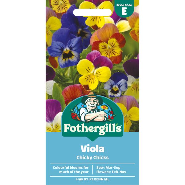 Fothergills Viola Chicky Chicks seed packet with colourful flowers on a white background