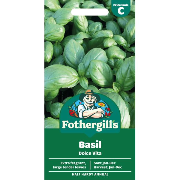 Fothergills Basil Dolce Vita seed packet with green basil leaves on a white background