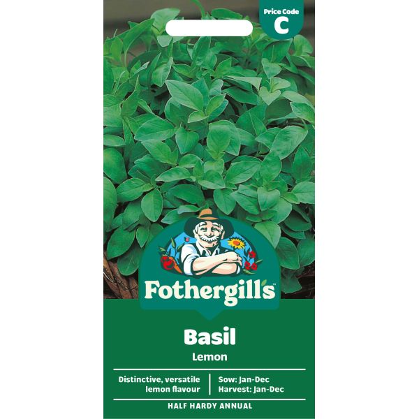Fothergills Basil Lemon seed packet with green leaves on a white background