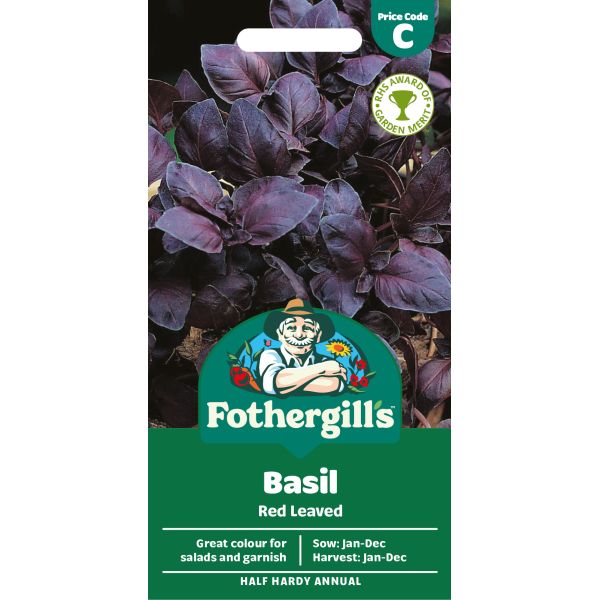 Fothergills Basil Red Leaved seed packet with brand logo and product details.
