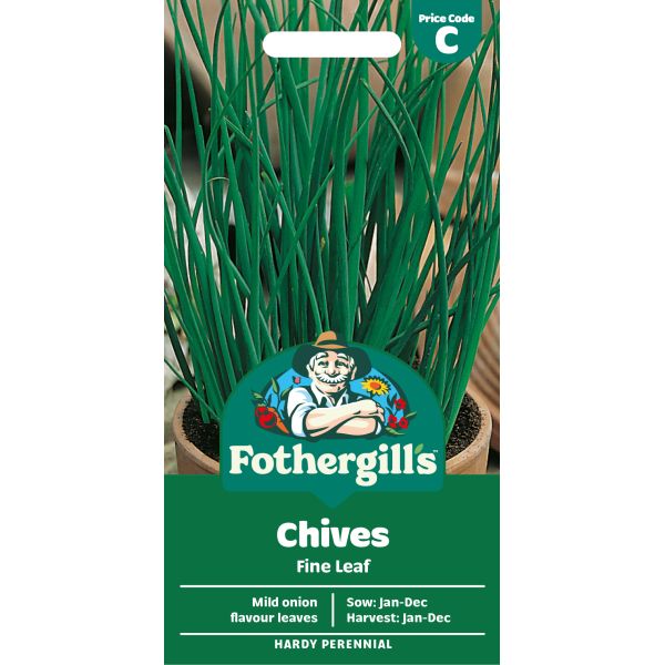 Fothergills chives packaging with brand logo and product details on a white background