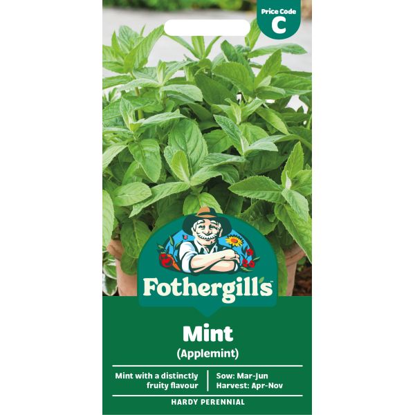 Fothergills mint seed packet with green leaves on a white background