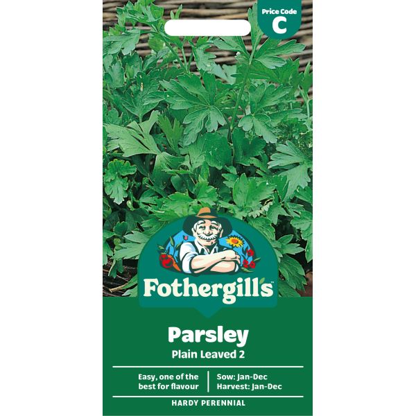 Fothergills parsley seed packet with green leaves on a white background