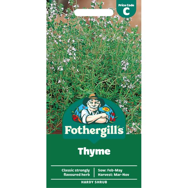 Fothergills thyme seed packet with green background and brand logo.