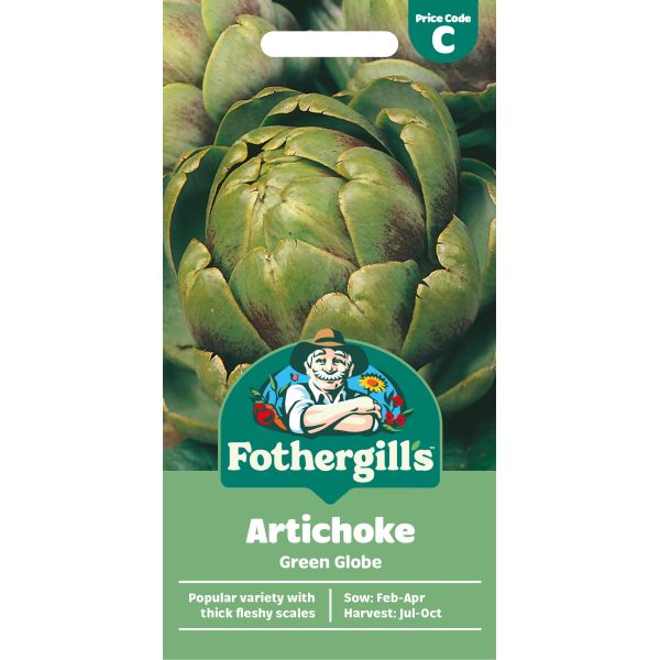 Fothergills Artichoke Green Globe seed packet with a green background