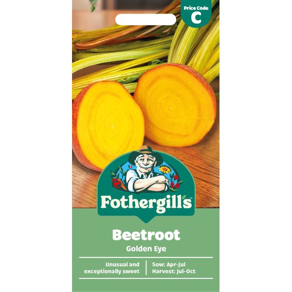 Fothergills beetroot seed packet with sliced beetroot on a wooden surface