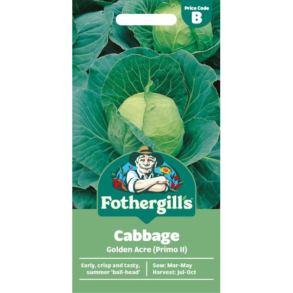 Fothergills cabbage seed packet with a green background and brand logo.