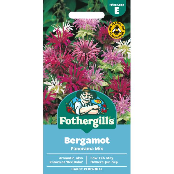 Fothergills Bergamot Panorama Mix seed packet with colorful flowers on a white background