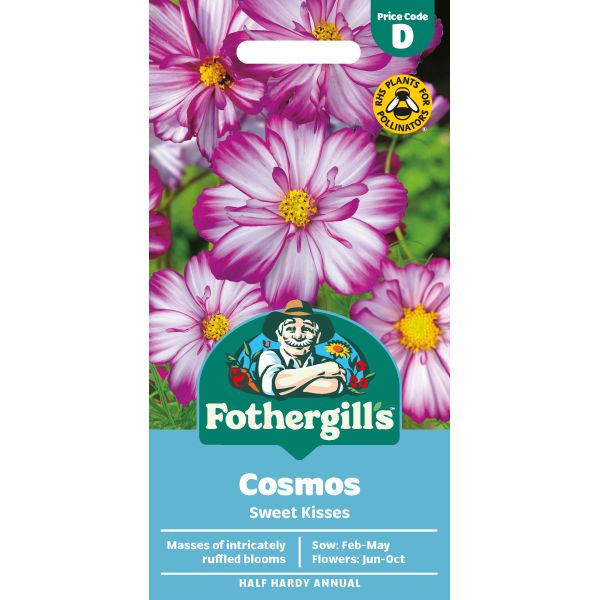 Fothergills Cosmos Sweet Kisses seed packet with pink flowers on a white background