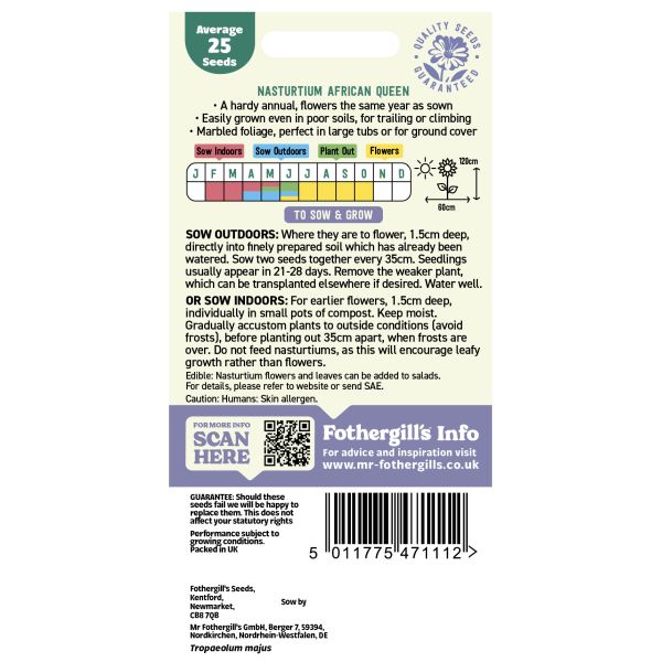 Seeds packet with planting instructions and Fothergill's branding on a white background