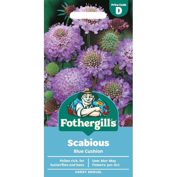 Fothergill's Scabious Blue Cushion seed packet with purple flowers on a white background