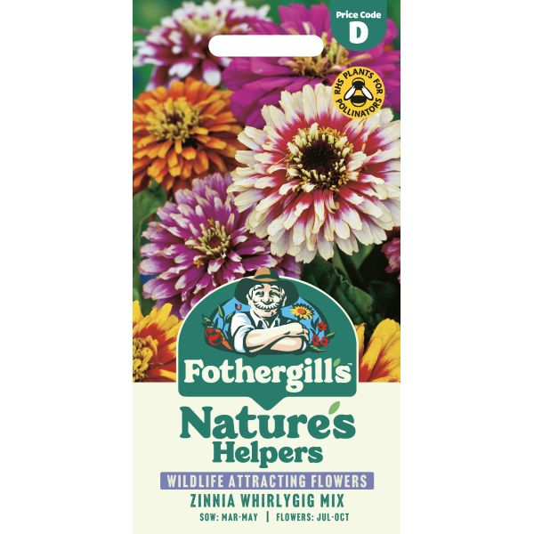 Fothergill's Nature's Helpers Zinnia Whirligig Mix seed packet with colorful flowers on a white background