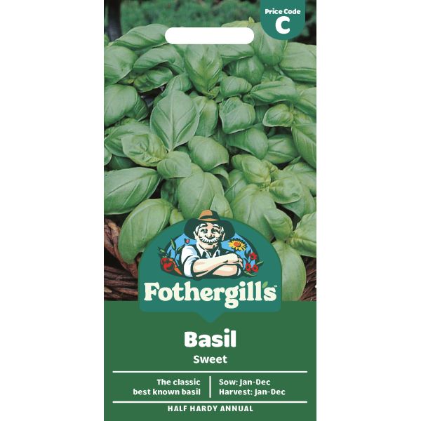 Fothergills basil seed packet with green leaves and brand logo.