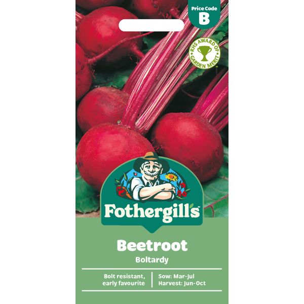 Fothergills beetroot seed packet with red beets and green leaves on a white background