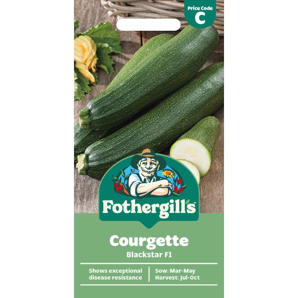 Fothergills courgette seed packet with courgettes on a wooden background