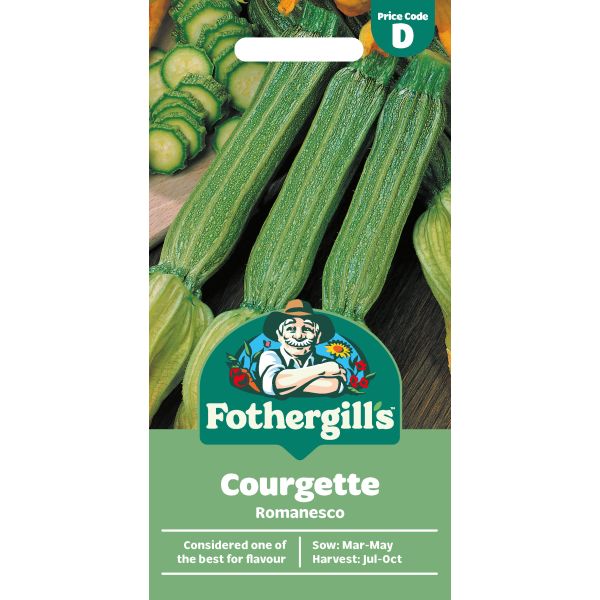 Fothergills Courgette Romanesco seed packet with courgettes in the background