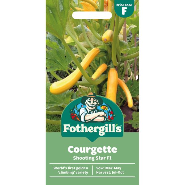 Fothergills courgette seed packet with green and yellow courgettes on a white background